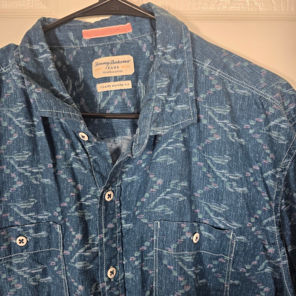 Tommy Bahama Island Modern Fit Blue Abstract Shirt Men's XL Short Sleeve